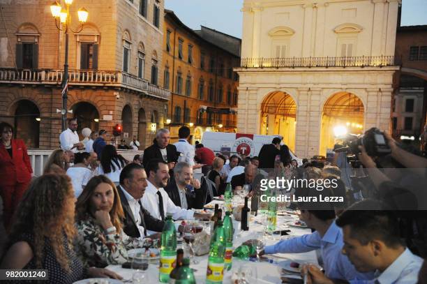 Italian Minister of the Interior and Leader of the Lega Nord Party Matteo Salvini attends the dinner 'Cena sul Ponte di Mezzo' during a campaign...