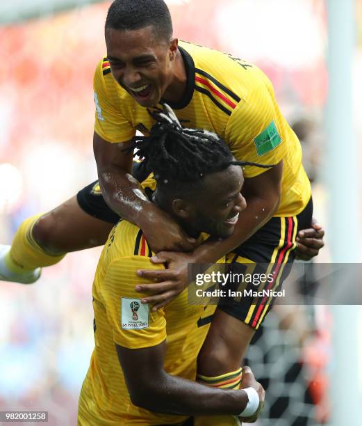 Michy Batshuayi of Belgium celebrates with Youri Tielemans of Belgium after he scores his team's fifth goal during the 2018 FIFA World Cup Russia...