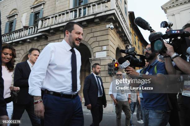 Italian Minister of the Interior and Leader of the Lega Nord Party Matteo Salvini speaks to the media during a campaign rally for the ballot on June...