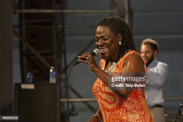 Sharon Jones of Sharon Jones and the Dap-Kings performs on the Blues Tent stage during the 2009 New Orleans Jazz & Heritage Festival at the...