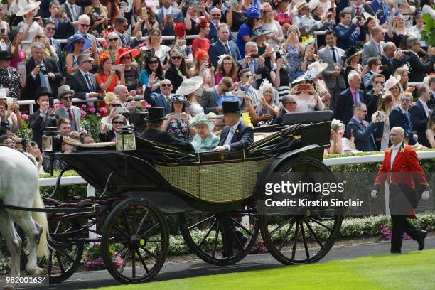 John Warren, Lord Valentine Cecil, Queen Elizabeth II and Prince Andrew, Duke of York arrive in the Royal procession on day 5 of Royal Ascot at Ascot...