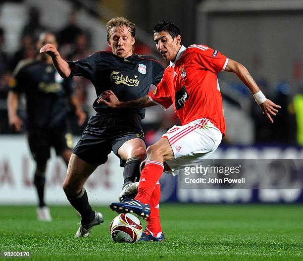 Lucas Leiva of Liverpool competes with Angel Di Maria of Benfica during the first leg of the UEFA Europa League quarter finals between Benfica and...