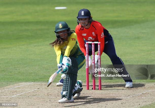 Sarah Taylor of England looks on as Sune Luus scores runs during the International T23 Tri-Series match between England Women and South Africa Women...