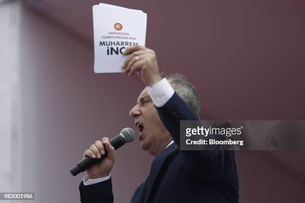 Muharrem Ince, presidential candidate backed by Secular Republican People's Party , gestures while speaking during his last pre election campaign...