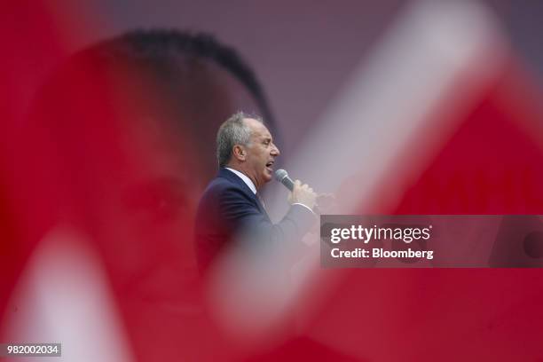 Muharrem Ince, presidential candidate backed by Secular Republican People's Party , speaks during his last pre election campaign rally in Maltepe,...