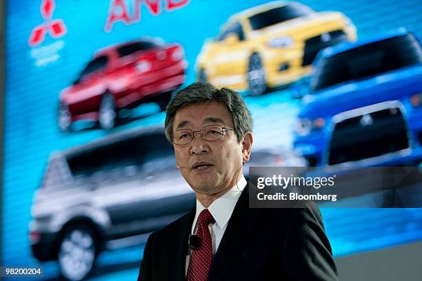 Shinichi Kurihara, president and chief executive officer of Mitsubishi Motors North America, speaks during a media preview of the New York...