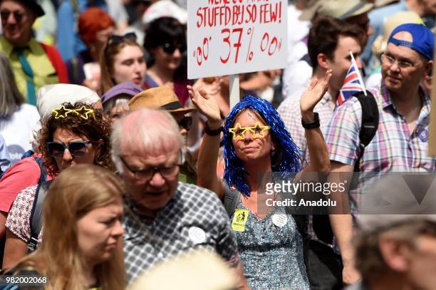 Demonstrators take part 'March for a people's Vote' to demand a vote on the final Brexit deal, in London, United Kingdom on June 23, 2018.