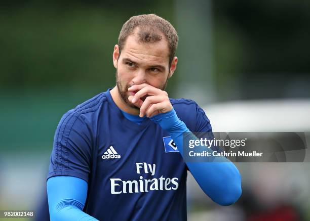 Pierre-Michel Lasogga looks on during the first training session of the new season at Volksparkstadion on June 23, 2018 in Hamburg, Germany....