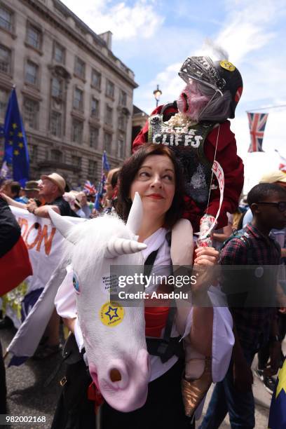 Demonstrators take part 'March for a people's Vote' to demand a vote on the final Brexit deal, in London, United Kingdom on June 23, 2018.