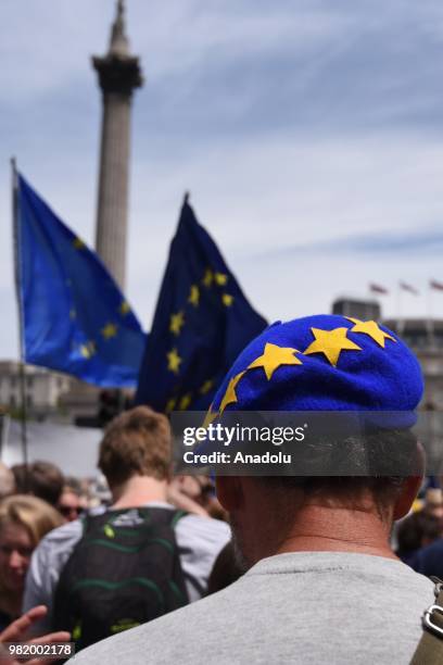 Demonstrators take part 'March for a people's Vote' to demand a vote on the final Brexit deal, in London, United Kingdom on June 23, 2018.