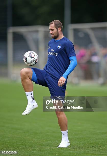 Pierre-Michel Lasogga in action during the first training session of the new season at Volksparkstadion on June 23, 2018 in Hamburg, Germany....