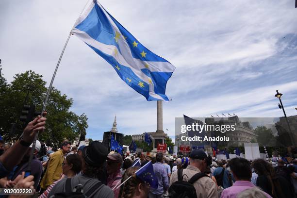 Demonstrators take part 'March for a people's Vote' to demand a vote on the final Brexit deal, in London, United Kingdom on June 23, 2018.