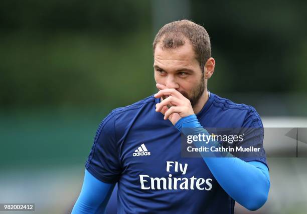 Pierre-Michel Lasogga looks on during the first training session of the new season at Volksparkstadion on June 23, 2018 in Hamburg, Germany....