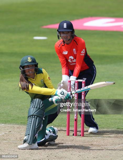 Sarah Taylor of England looks on as Sune Luus of South Africa scores runs during the International T23 Tri-Series match between England Women and...