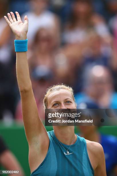 Petra Kvitova of the Czech Republic waves to the crowd after her victory during her singles semi-final match against Mihaela Buzarnescu of Romania...