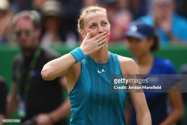 Petra Kvitova of the Czech Republic celebrates after her victory during her singles semi-final match against Mihaela Buzarnescu of Romania during day...