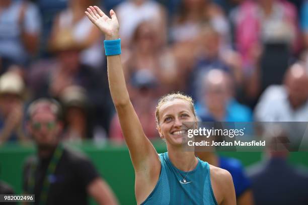 Petra Kvitova of the Czech Republic waves to the crowd after her victory during her singles semi-final match against Mihaela Buzarnescu of Romania...