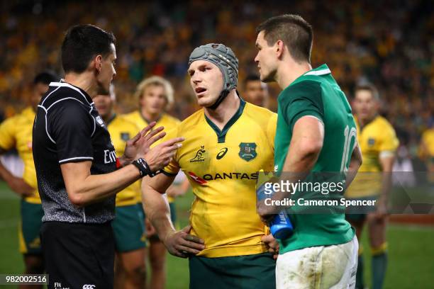 Referee Pascal Gauzere of France talks to David Pocock of the Wallabies and Johnny Sexton of Ireland during the Third International Test match...