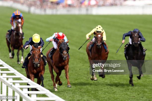 Ryan Moore riding Crystal Ocean leads on his way to winning The Hardwicke Stakes on day 5 of Royal Ascot at Ascot Racecourse on June 23, 2018 in...
