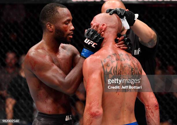 Donald Cerrone and Leon Edwards of Jamaica congratulate each other after the conclusion of their welterweight bout during the UFC Fight Night event...