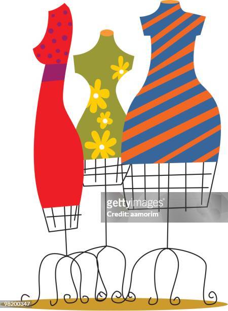 illustration of brightly colored dresses on wire dress forms - tea dress stock illustrations