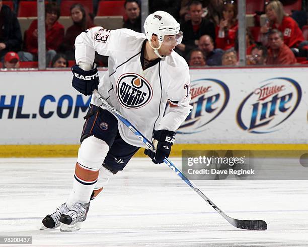 Andrew Cogliano of the Edmonton Oilers turns up ice during an NHL game against the Detroit Red Wings at Joe Louis Arena on March 30, 2010 in Detroit,...