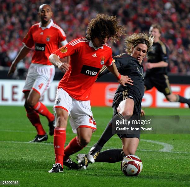 Fernando Torres of Liverpool competes with David Luiz of Benfica during the UEFA Europa League quarter final first leg match between Benfica and...