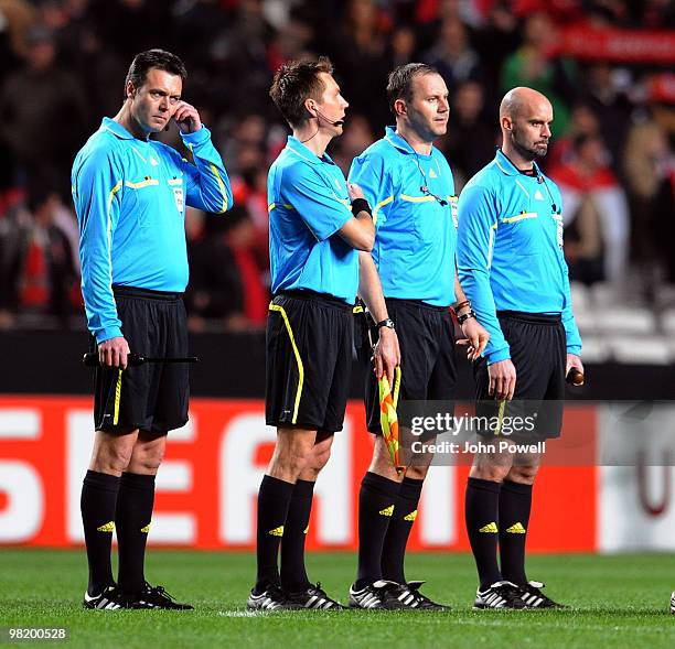 The four officials at the end of the game during the first leg of the UEFA Europa League quarter finals between Benfica and Liverpool at Estadio de...