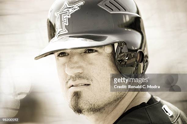 Jorge Cantu of the Florida Marlins during batting practice before a game against the St. Louis Cardinals at Roger Dean Stadium on March 27, 2010 in...