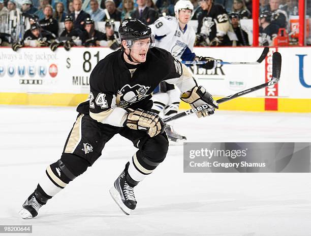 Matt Cooke of the Pittsburgh Penguins skates against the Tampa Bay Lightning on March 31, 2010 at Mellon Arena in Pittsburgh, Pennsylvania.