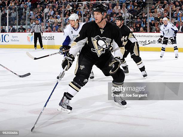 Mark Eaton of the Pittsburgh Penguins skates against the Tampa Bay Lightning on March 31, 2010 at Mellon Arena in Pittsburgh, Pennsylvania.