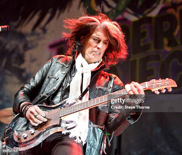 Joe Perry performs on stage at LG Arena on April 1, 2010 in Birmingham, England.