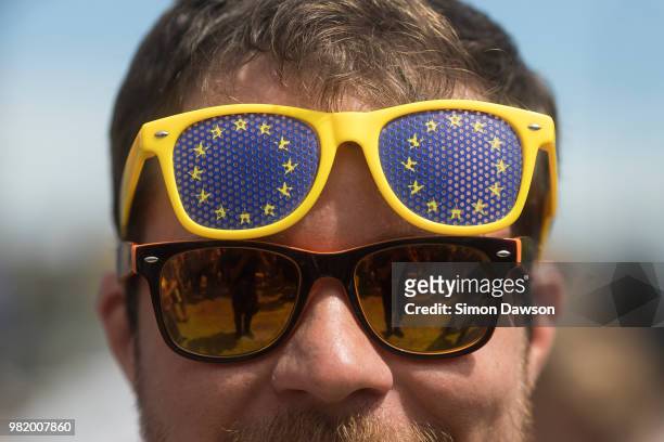 Protestor wears European Union themed glasses as he takes part in the People's Vote demonstration against Brexit on June 23, 2018 in London, England....