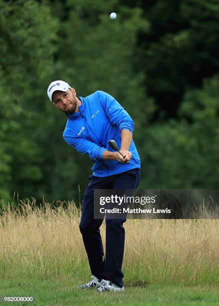 Maximilian Kieffer of Germany chips onto the 4th green during day three of the BMW International Open at Golf Club Gut Larchenhof on June 23, 2018 in...