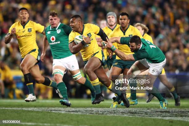 Samu Kerevi of the Wallabies makes a break during the Third International Test match between the Australian Wallabies and Ireland at Allianz Stadium...