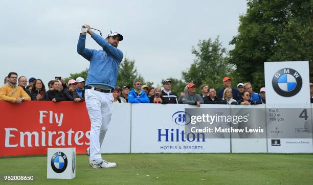 Nick Cullen ofAustralia tees off on the 4th hole during day three of the BMW International Open at Golf Club Gut Larchenhof on June 23, 2018 in...