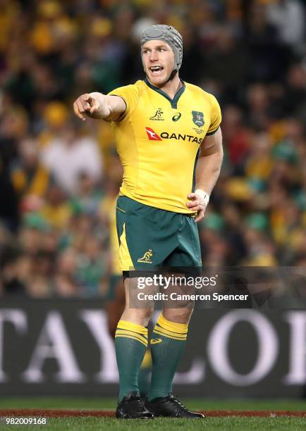 David Pocock of the Wallabies signals to team mates during the Third International Test match between the Australian Wallabies and Ireland at Allianz...