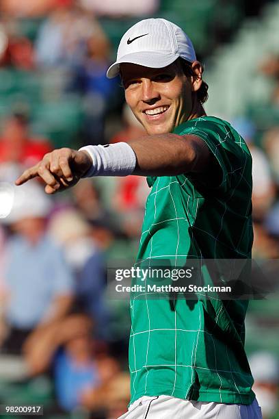 Tomas Berdych of the Czech Republic reacts after defeating Fernando Verdasco of Spain during day ten of the 2010 Sony Ericsson Open at Crandon Park...