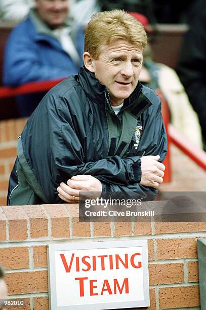 Coventry manager Gordon Strachan watches from the bench during the Manchester United v Coventry City FA Carling Premiership match at Old Trafford,...