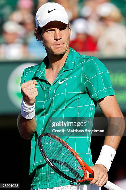 Tomas Berdych of the Czech Republic reacts after a point against Fernando Verdasco of Spain during day ten of the 2010 Sony Ericsson Open at Crandon...