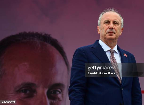 Muharrem Ince, presidential candidate of Turkey's main opposition Republican People's Party adressess his supporters during a election rally on June...