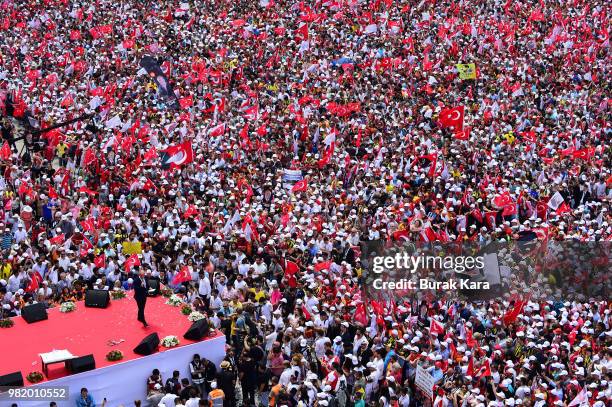 Muharrem Ince, presidential candidate of Turkey's main opposition Republican People's Party adressess his supporters during a election rally on June...