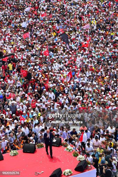 Muharrem Ince, presidential candidate of Turkey's main opposition Republican People's Party adressess his supporters during a election rally on June...