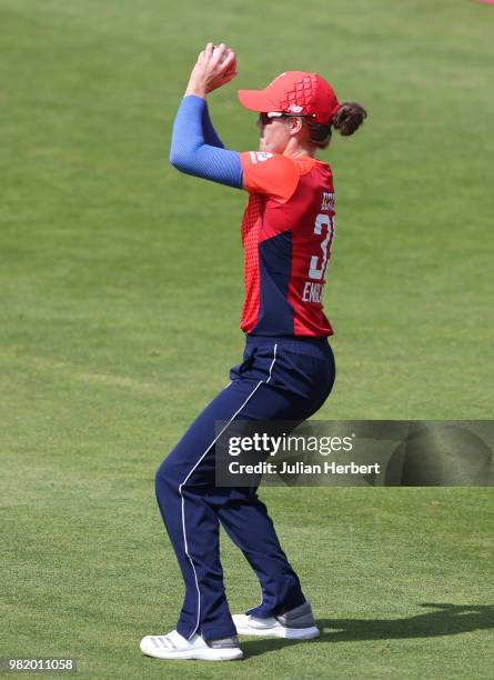 Nat Scriver of England takes the catch to dismiss Lizelle Lee of South Africaduring the International T23 Tri-Series match between England Women and...