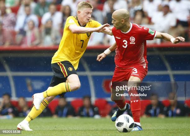 Kevin De Bruyne of Belgium in action against Yohan Benalouane of Tunisia during the 2018 FIFA World Cup Russia group G match between Belgium and...