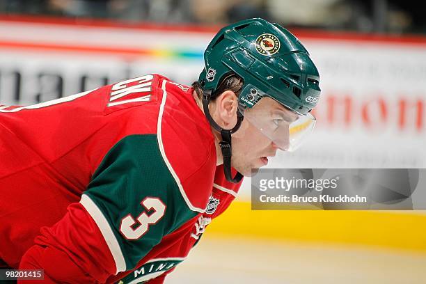 Marek Zidlicky of the Minnesota Wild awaits a face-off against the Los Angeles Kings during the game at the Xcel Energy Center on March 29, 2010 in...
