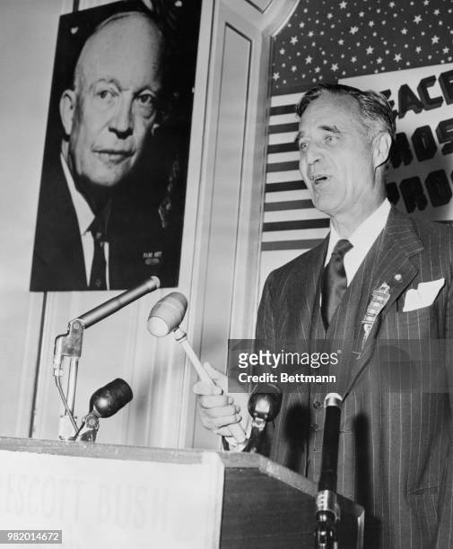 Senator Prescott Bush, GOP's Resolutions committee chairman, shown as he addressed the committee here today at the Sheraton Palace Hotel as the...
