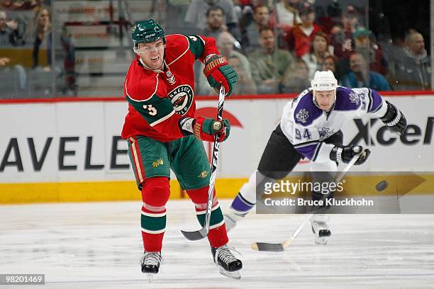 Marek Zidlicky of the Minnesota Wild passes the puck against the Los Angeles Kings during the game at the Xcel Energy Center on March 29, 2010 in...