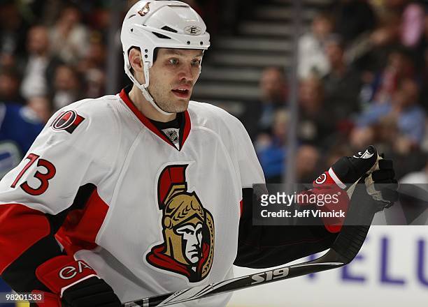Jarkko Ruutu of the Ottawa Senators skates to the bench during the game against the Vancouver Canucks at General Motors Place on March 13, 2010 in...
