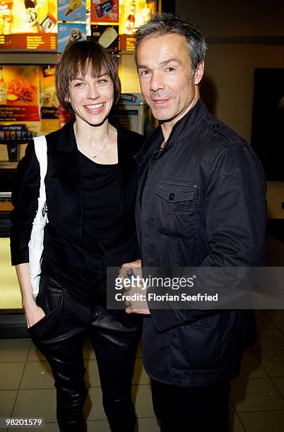 Actress Christiane Paul and actor Hannes Jaenicke attend the premiere of 'Waffenstillstand' at cinema Kulturbrauerei on April 1, 2010 in Berlin,...